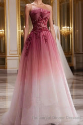 Tulle Gradient with Beaded Long Party Dress, A-line Gradient Semi Formal Prom Dress